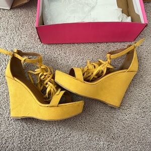 mustard suede wedges